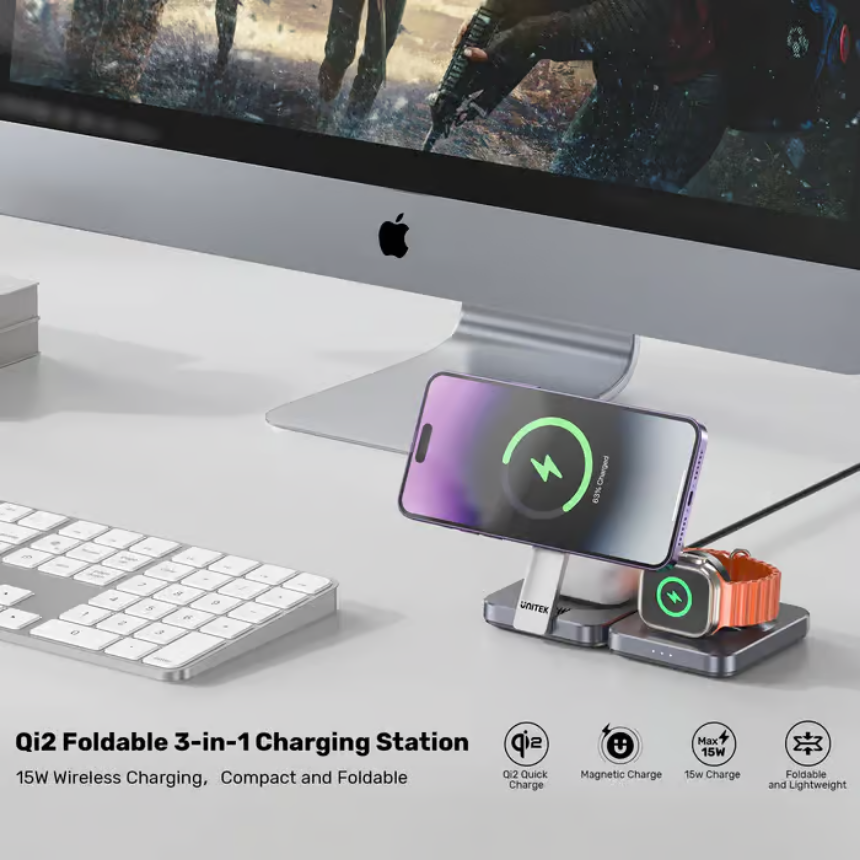 UNITEK Qi2 Foldable 3-in-1 Charging Station 15W MagSafe Wireless Charger for iPhone, Apple Watch & AirPods - Image 2