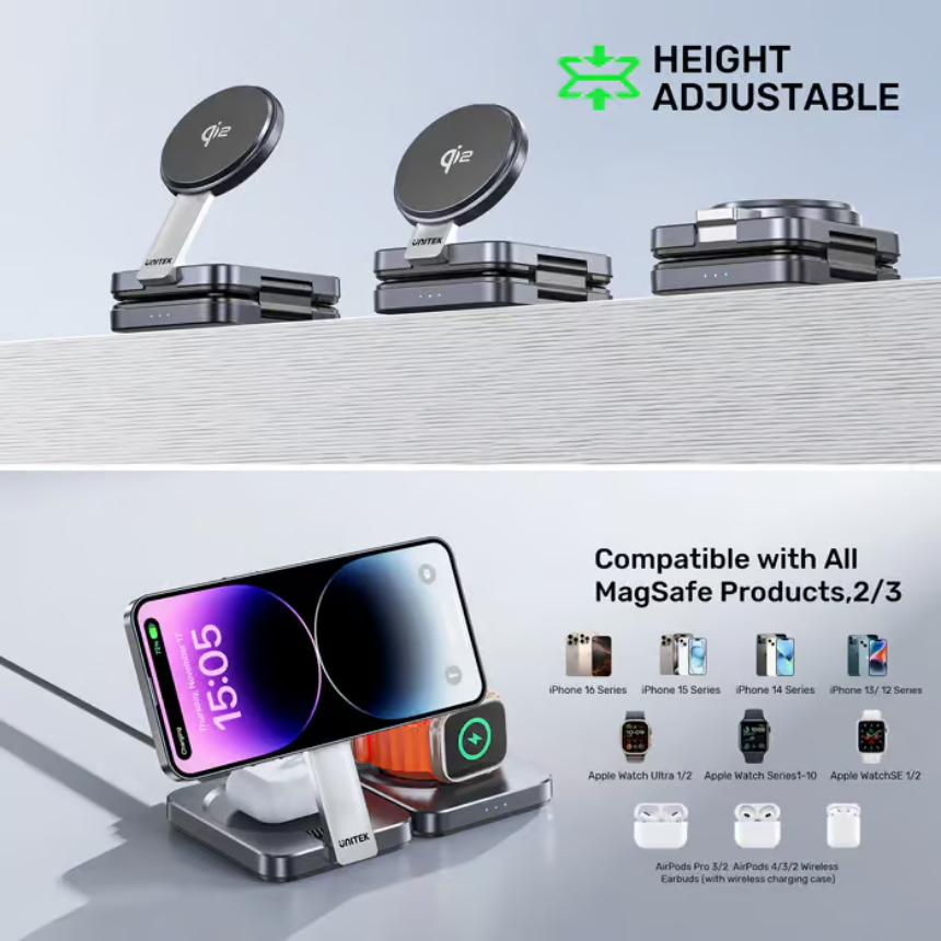 UNITEK Qi2 Foldable 3-in-1 Charging Station 15W MagSafe Wireless Charger for iPhone, Apple Watch & AirPods - Image 4
