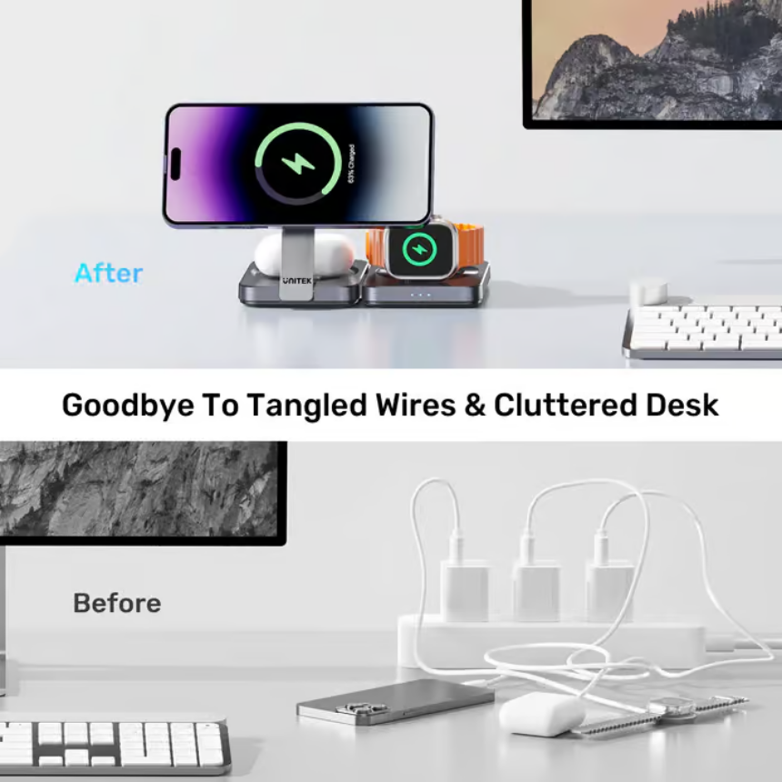 UNITEK Qi2 Foldable 3-in-1 Charging Station 15W MagSafe Wireless Charger for iPhone, Apple Watch & AirPods - Image 5