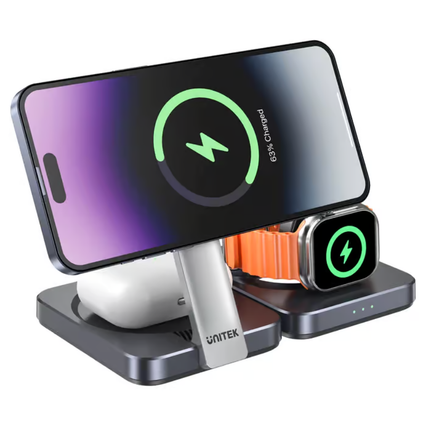 UNITEK Qi2 Foldable 3-in-1 Charging Station 15W MagSafe Wireless Charger for iPhone, Apple Watch & AirPods - Image 7